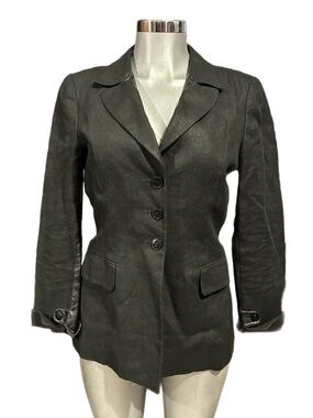 Tomaso Stefanelli Black Linen Learher Mixed-Media Blazer Tailored Size 8 Medium